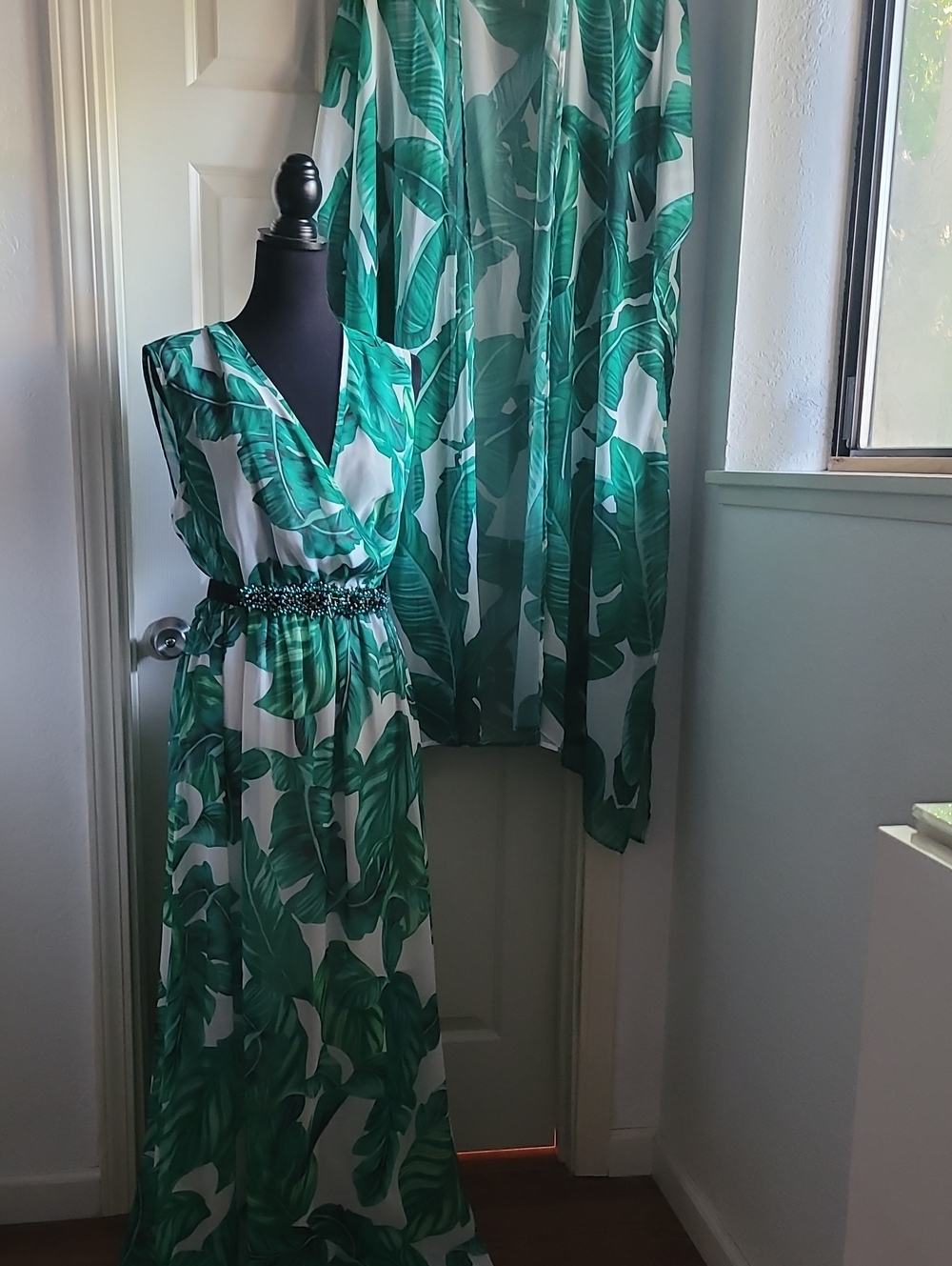 Green Leaf Print Maxi Dress &Matching Kimono Jacket Set, Smocked Waist New M L